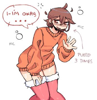 ... ahoge androgynous blush brown_eyes brown_hair bubble commentary detached_ahoge drooling drunk english_commentary english_text feet_out_of_frame hand_up hiccup highres long_sleeves looking_at_viewer looking_to_the_side loomelty medium_hair mouth_drool no_pants orange_sweater original pink_thighhighs simple_background solo speech_bubble standing swaying_hip sweater thick_thighs thighhighs thighs white_background wide_hips zettai_ryouiki