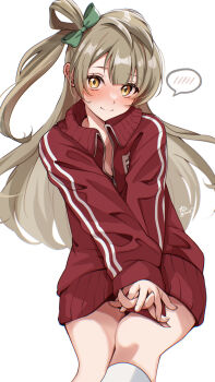 1girl absurdres blush bow brown_hair commentary_request hair_bow hair_rings highres jersey long_hair long_sleeves looking_at_viewer love_live! love_live!_school_idol_project minami_kotori own_hands_together ponytail pukonuu simple_background single_hair_ring smile solo speech_bubble white_background yellow_eyes