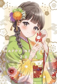 1girl 2023 asa_no_ha_(pattern) blunt_bangs blush braid brown_eyes brown_hair charm_(object) chinese_zodiac daruma_doll hair_ornament happy_new_year highres holding holding_charm japanese_clothes kanzashi kikkoumon kikumon kimono kojitsunagi_(pattern) long_hair long_sleeves looking_at_viewer new_year obi original sakunagita sash seigaiha smile solo wide_sleeves year_of_the_rabbit