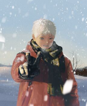 1boy bare_tree black_gloves coat cowboy_shot gloves green_scarf grey_eyes grin hashtag-only_commentary highres hikaru_ga_shinda_natsu indou_hikaru male_focus marcycraby outdoors red_coat scarf short_hair sky smile snowing standing tree v water white_hair winter_clothes