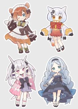 1boy 3girls :/ :3 a-pose anklet apron armband back_bow bare_shoulders belt black_belt black_bow black_collar black_dress black_hairband black_mittens black_shirt black_shoes blue_bow blue_dress blue_eyes blue_scales blunt_bangs blush bow bowtie braid bright_pupils brooch brown_leotard brown_shoes buckle cape chibi chibi_only closed_mouth coelacanth collar collared_shirt covered_mouth covered_navel crossdressing crossdressing_(mtf) detached_sleeves dress expressionless fang fangs fins fish flat_chest footwear_bow frilled_apron frilled_armband frilled_dress frilled_gloves frilled_leotard frilled_sailor_collar frilled_skirt frills full_body gloves green_bow green_bowtie green_eyes grey_background grey_gloves grey_hair hair_between_eyes hair_bow hair_ornament hair_ribbon hairband hairclip hand_up head_fins head_tilt heart heart-shaped_buckle heart_pendant high_collar highres horns jewelry kneehighs komerina leotard light_blush loafers long_hair long_sleeves looking_at_viewer maid maid_apron maid_headdress male_focus male_maid mary_janes medium_hair mendaku_(komerina) mittens monster_girl multiple_girls necklace no_nose octopus_boy one_eye_closed orange_eyes orange_hair orange_skirt original parted_bangs parted_hair pendant_collar personification pink_cape pink_eyes pink_trim pointy_ears puffy_long_sleeves puffy_sleeves purple_skirt ribbon sailor_collar scales sea_angel_girl sea_cucumber sea_cucumber_girl sea_slug_ears sea_slug_girl shirt shirt_tucked_in shoes short_hair sidelocks signature simple_background single_glove single_wrist_cuff skin_fang skirt sleeves_past_fingers sleeves_past_wrists slug_girl smile socks standing thick_eyebrows trap twin_braids umbrella_octopus unconventional_maid v v-shaped_eyebrows very_long_hair waist_apron white_apron white_bow white_pupils white_sailor_collar white_shirt white_socks wrist_cuffs
