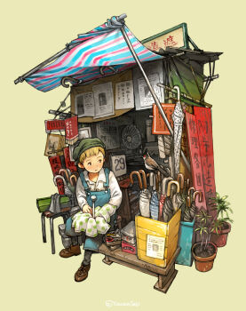 1boy artist_name bird black_eyes black_socks blonde_hair blue_overalls brown_shoes closed_mouth closed_umbrella collared_shirt commentary_request flower_pot green_headscarf headscarf highres long_sleeves original overalls plant potted_plant shirt shoes short_hair sign sitting socks solo translation_request umbrella white_shirt yoshida_seiji