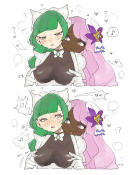 !? 2girls :o apron black_romper blush bow bowtie braid braided_ponytail breasts chamopichamo commentary_request crying crying_with_eyes_open dark-skinned_female dark_skin dress eye_contact fascinator furrowed_brow gloves green_hair half-closed_eyes heart highres jacinthe_(pokemon) juliet_sleeves long_braid long_hair long_sleeves looking_at_another looking_to_the_side low_drills maid maid_headdress master_and_servant mega_stone multiple_girls nintendo nipple_flick nipple_press nipple_stimulation parted_lips pokemon pokemon_legends:_z-a puffy_sleeves purple_dress purple_eyes purple_hair romper single_braid smile spoken_heart spoken_interrobang steaming_body sweat tears underbust very_dark_skin very_long_hair white_apron white_bow white_bowtie white_gloves yuri