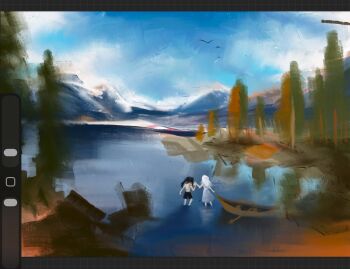 Rule 34 | 1boy, 1girl, art program in frame, black shorts, canoe, commentary, day, dress, english commentary, from behind, full-body tattoo, full body, highres, holding hands, lake, long hair, mountainous horizon, nephis (shadow slave), outdoors, screencap, shadow slave, shorts, simple bird, snake tattoo, sunny (shadow slave), tattoo, topless male, tree, wading, white dress, white hair, wide shot, xiezmy2