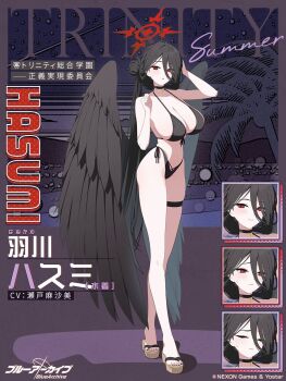 1girl bikini black_bikini black_choker black_hair black_wings blue_archive breasts brown_sandals character_name choker collarbone copyright_logo copyright_name feathered_wings front-tie_bikini_top front-tie_top full_body hair_between_eyes halo hasumi_(blue_archive) hasumi_(swimsuit)_(blue_archive) highleg highleg_bikini highres huge_breasts koo3473 logo long_hair multiple_expressions multiple_views nail_polish navel official_alternate_costume official_art parted_lips red_eyes red_halo sandals side-tie_bikini_bottom sideboob standing stomach swimsuit thigh_strap thighs very_long_hair wings