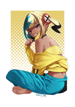 1girl absurdres bandeau barefoot blunt_bangs canari_(pokemon) commentary feet grey_eyes grin hand_up highres jacket long_sleeves looking_to_the_side mask mask_pull mouth_mask multicolored_hair nail_polish nintendo obi3 off_shoulder pants pokemon pokemon_legends:_z-a shoulder_blades sitting smile soles teeth toes twintails twitter_username yellow_bandeau yellow_jacket yellow_nails
