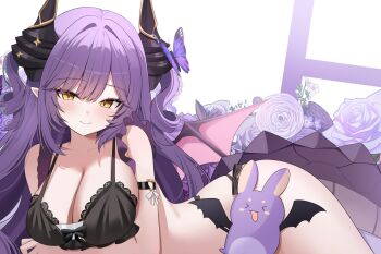 1girl arm_strap bare_shoulders black_bra black_panties bra breasts bug butterfly cleavage closed_mouth commentary dragon_girl dragon_horns dragon_tail dragon_wings floral_background flower highres horns insect large_breasts long_hair looking_at_viewer nannung panties purple_butterfly purple_flower purple_hair sakihane_huya smile solo stellive tail underwear very_long_hair virtual_youtuber wings yellow_eyes