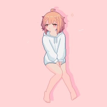 1girl ahoge animated animated_gif bare_legs barefoot blush closed_mouth commentary full_body hood hood_down hoodie long_sleeves looping_animation no_pants orange_hair original pink_background pixel_art red_eyes short_hair simple_background solo sotie squeans untranslatable_commentary white_hoodie