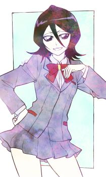 Rule 34 | 1girl, absurdres, black hair, bleach, border, bow, bowtie, breasts, collared shirt, cowboy shot, green background, grey eyes, grey jacket, grey skirt, hair between eyes, hand on own hip, highres, jacket, karakura high school uniform, kuchiki rukia, medium breasts, medium hair, miniskirt, n (nauki 11), parted lips, pleated skirt, red bow, red bowtie, school uniform, shirt, skirt, smile, solo, suit jacket, teeth, white border