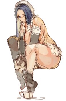 1girl absurdres blue_eyes blue_hair breasts character_request elbow_gloves female_focus gloves half-closed_eyes highres invincible_dragon_(last_origin) large_breasts larribee last_origin long_hair sitting sketch solo standing thick_thighs thighhighs thighs what white_background