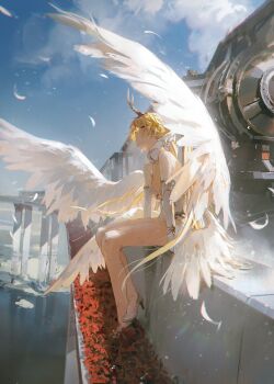 1girl absurdres bare_legs blonde_hair blue_sky blush breasts bridge character_request closed_mouth cloud collar commentary detached_collar dino_(dinoartforame) duet_night_abyss elbow_gloves english_commentary feathered_wings feathers from_side gloves high_heels highleg highleg_leotard highres horns leotard long_hair looking_ahead medium_breasts single_horn sitting sky train water white_collar white_gloves white_leotard white_wings wings yellow_eyes