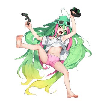 1girl ahoge beeeeen blonde_hair boyshort_panties can closed_eyes controller eye_mask feet game_controller gradient_hair green_hair hair_spread_out headphones highres holding holding_controller holding_game_controller holding_headphones huge_ahoge ireina_(last_origin) last_origin loli long_hair mask multicolored_hair navel non-web_source official_alternate_costume official_art pink_hair safety_pin shirt spread_legs tachi-e tantrum tape tearing_up two-tone_hair very_long_hair white_shirt