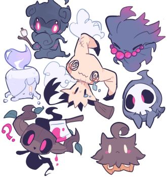 axe black_sclera blood blush closed_eyes closed_mouth colored_sclera duskull fire food gen_2_pokemon gen_3_pokemon gen_5_pokemon gen_6_pokemon gen_7_pokemon ghost highres leaf legendary_pokemon litwick lunacattie marshadow marshmallow mimikyu misdreavus mythical_pokemon nintendo phantump pokemon pokemon_(creature) pumpkaboo red_eyes sitting skull smile stick tears white_background yellow_eyes