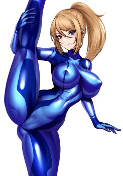 1girl blue_bodysuit blue_eyes bodysuit breasts closed_mouth commentary covered_erect_nipples curvy english_commentary high_ponytail highres large_breasts large_variant_set long_hair looking_at_viewer metroid nintendo no_mole ponytail samus_aran skin_tight smile solo split standing standing_on_one_leg standing_split thighs variant_set very_long_hair volyz zero_suit