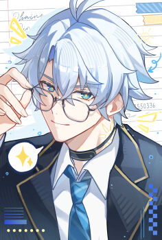 1boy absurdres antenna_hair black_choker black_jacket blue_eyes blue_necktie choker collarbone commentary glasses highres honkai:_star_rail honkai_(series) jacket lapels male_focus neck_tattoo necktie notched_lapels parted_bangs phainon_(honkai:_star_rail) school_uniform shirt short_hair solo spoken_sparkle sun_symbol sun_tattoo tan tattoo uwon white_hair white_shirt