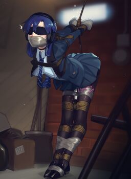 1girl absurdres arms_behind_back arms_up basement bdsm blindfold blue_hair blush bondage bound breasts cad_(caddo) choker crotch_rope egg_vibrator female_focus female_orgasm forced_orgasm full_body gag gagged highres hitachi_magic_wand idolmaster improvised_gag indoors jacket kisaragi_chihaya leaning_forward legs_tied_together long_hair long_sleeves necktie open_clothes open_jacket orgasm pantyhose pleated_skirt pussy_juice remote_control_vibrator second-party_source sex_toy shibari shibari_over_clothes skirt small_breasts solo tape tape_bondage tape_gag taped_hands tearing_up vibrator wince
