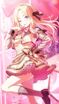 1girl blonde_hair blue_eyes bow bowtie braid buttons cursive forehead frills gakuen_idolmaster game_cg hand_on_own_hip hand_up happy_mille-feuille_(idolmaster) heart idolmaster jacket juo_sena kneehighs loafers multicolored_hair official_art one_eye_closed one_leg_raised pink_hair shoes socks solo tongue tongue_out