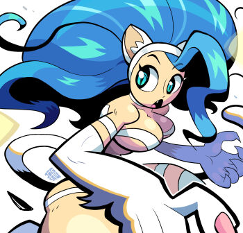 1girl :o animal_ears animal_hands blue_hair breasts cat_ears cat_girl darkstalkers digsaw fangs felicia_(darkstalkers) green_eyes large_breasts long_hair looking_to_the_side very_long_hair white_background white_fur