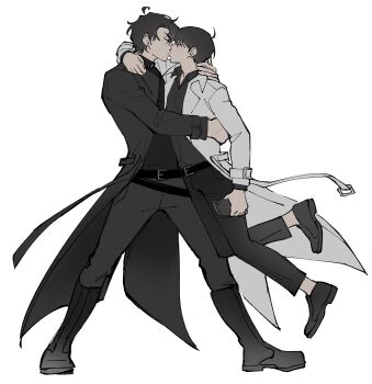 Rule 34 | 2boys, absurdres, arm around neck, arm around waist, belt, black coat, black hair, black shirt, boots, closed eyes, coat, collared shirt, floating, full body, hand on another's shoulder, highres, holding, holding phone, keomikan, kim dokja, kiss, lifting person, male focus, multiple boys, omniscient reader's viewpoint, open clothes, open coat, phone, popped collar, shirt, short hair, white coat, yaoi, yoo joonghyuk