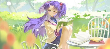 Rule 34 | 1girl, ;o, blue shirt, blue skirt, blurry, blush, book, chair, clannad, commentary request, day, depth of field, eyelashes, feet out of frame, floating hair, flower, garden, hair bobbles, hair ornament, hands up, harutatsunoki, highres, hikarizaka private high school uniform, holding, holding book, ichinose kotomi, jacket, knees up, long hair, long sleeves, looking at viewer, miniskirt, on chair, one eye closed, open book, orange flower, outdoors, parted lips, pleated skirt, purple eyes, purple hair, school uniform, serafuku, shirt, signature, sitting, skirt, solo, table, turtleneck, turtleneck shirt, two side up, very long hair, wide sleeves, wind, yellow flower, yellow jacket