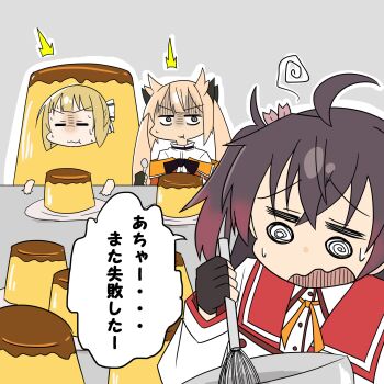 Rule 34 | 3girls, @ @, ^^^, ahoge, asakura mihono, black gloves, bowl, brown hair, chibi, closed mouth, commentary request, fingerless gloves, food, food costume, furrowed brow, gloves, grey background, hair between eyes, hair ears, highres, holding, holding spoon, holding whisk, jacket, kazuemon, long hair, long sleeves, looking at another, mashiko kaoru, medium hair, minoseki gakuin uniform, mixing bowl, multiple girls, nogi sonoko, off shoulder, orange hair, orange jacket, osafune girls academy school uniform, pudding, red sailor collar, sailor collar, school uniform, shirt, simple background, speech bubble, spoon, squiggle, sweat, toji no miko, translation request, turn pale, twintails, two side up, wavy mouth, whisk, white shirt, winter uniform, yuuki yuuna wa yuusha de aru, yuusha de aru