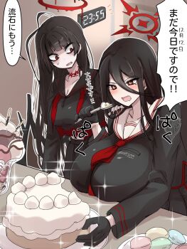 Rule 34 | 2girls, black hair, blue archive, blush, breasts, cake, cleavage, collarbone, commentary request, food, hair between eyes, halo, hasumi (blue archive), highres, holding, holding spoon, huge breasts, komena (shinyday312), long hair, multiple girls, open mouth, red eyes, red halo, sitting, sparkle, speech bubble, spoon, translation request, tsurugi (blue archive)