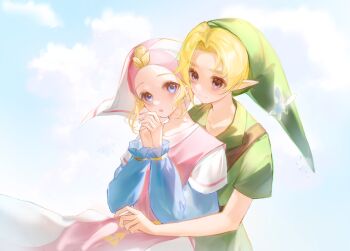 Rule 34 | 1boy, 1girl, absurdres, blonde hair, blue eyes, blue sky, blush, cloud, commentary request, day, green hat, green tunic, hat, highres, hug, hug from behind, jiamiankuilei, juliet sleeves, link, long sleeves, looking at another, looking at viewer, nintendo, outdoors, own hands clasped, own hands together, pink hat, pointy ears, princess zelda, puffy sleeves, purple eyes, sky, smile, the legend of zelda, the legend of zelda: ocarina of time, tunic, upper body, young link, young zelda