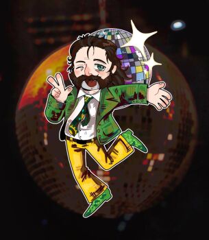 Rule 34 | 1boy, ;d, blazer, brown hair, chibi, chibi only, collared shirt, disco ball, disco elysium, facial hair, green jacket, green necktie, hair slicked back, harry du bois, hashtag-only commentary, highres, horrific necktie, jacket, leg up, male focus, mullet, mutton chops, necktie, one eye closed, open mouth, outline, outstretched arm, shirt, smile, solo, v, vladpostsstuff, white outline, white shirt