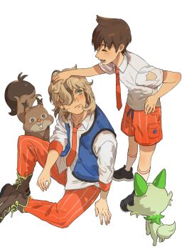 2boys ;d arven_(pokemon) black_footwear blue_vest boots brown_footwear brown_hair ch_walnut closed_eyes closed_mouth collared_shirt commentary_request florian_(pokemon) gen_8_pokemon green_eyes hair_over_one_eye headpat highres korean_commentary male_focus multiple_boys necktie nintendo one_eye_closed open_clothes open_mouth open_vest orange_necktie orange_pants orange_shorts pants pokemon pokemon_(creature) pokemon_sv school_uniform shirt shoes short_hair short_sleeves shorts sitting skwovet smile socks sprigatito standing sweatdrop teeth vest white_shirt white_socks
