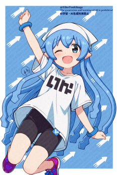 1girl abstract_background arm_up artist_logo artist_name black_shorts blue_background blue_eyes blue_hair blue_wrist_cuffs blush bracelet child clothes_writing collarbone commentary_request eikotsukikage hat highres ikamusume inkling inkling_girl inkling_player_character jewelry jumping knees legs logo long_hair looking_at_viewer nintendo one_eye_closed open_mouth pink_shoes pointy_ears print_shirt purple_shoes shinryaku!_ikamusume shirt shoes short_sleeves shorts simple_background smile sneakers solo solo_focus splatoon_(series) squid_hat t-shirt text_background twitter_username white_shirt wrist_cuffs wristband