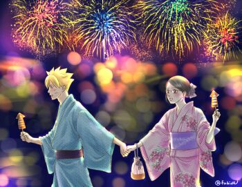 Rule 34 | 1boy, 1girl, alternate hairstyle, bag, black eyes, black hair, blonde hair, blue eyes, blue kimono, blurry, bokeh, boruto: naruto next generations, commentary request, depth of field, facial mark, fireworks, food, highres, holding, holding food, ikayaki, japanese clothes, kimono, matsu (fu6ide2), naruto (series), obi, pink kimono, sash, twitter username, uchiha sarada, uzumaki boruto, whisker markings, yukata