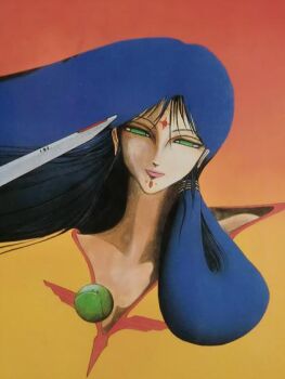 1980s_(style) 1girl bindi blue_hair dark_blue_hair dark_skin dress empty_eyes facial_tattoo floating green_eyes gundam haro lalah_sune lips looking_at_viewer mobile_suit_gundam nagano_mamoru oldschool portrait promotional_art retro_artstyle robot scan science_fiction serious tattoo traditional_media upper_body