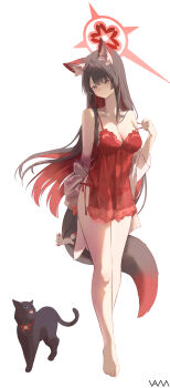 1girl absurdres alternate_costume animal_ear_fluff animal_ears barefoot black_hair blue_archive breasts cat cleavage colored_inner_hair commentary english_commentary fox_ears fox_girl fox_tail full_body hair_ornament halo highres large_breasts long_hair multicolored_hair red_hair red_halo smile solo tail vam_(js_vam) wakamo_(blue_archive) yellow_eyes
