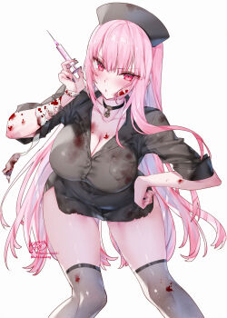 1girl absurdres artist_name bandaged_wrist bandages black_choker black_dress black_hat black_nails black_thighhighs blood blood_on_arm blood_on_body blood_on_clothes blood_on_face blush breasts choker cleavage collarbone commentary dress english_commentary fingernails hat highres holding holding_syringe hololive hololive_english kamiya_maneki large_breasts long_hair long_sleeves looking_at_viewer mori_calliope nail_polish nurse_cap open_mouth pink_eyes pink_hair signature simple_background skull_choker solo syringe thighhighs thighs twitter_username virtual_youtuber white_background
