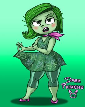 artist_logo blush clothes_lift colored_skin disgust disgust_(inside_out) eyelashes green_eyes green_hair green_skin green_skirt high_heels highres inside_out logo scarf skirt skirt_lift thick_eyelashes thick_thighs thighs wide_hips