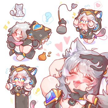 2girls absurdres ahoge animal_ear_fluff animal_ears blue_eyes breasts carrying cat_ears cat_girl cat_tail chibi choker cipher_(honkai:_star_rail) cleavage closed_eyes commentary english_commentary fang fish_hook gloves grey_hair highres honkai:_star_rail honkai_(series) hood multicolored_hair multiple_girls orcavice squishing stelle_(honkai:_star_rail) streaked_hair tail trailblazer_(honkai:_star_rail) white_background