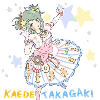 1girl :3 \m/ asymmetrical_gloves blush character_name cosplay dress elbow_gloves foot_out_of_frame gloves green_eyes green_hair hair_ornament hair_ribbon hand_up idolmaster idolmaster_cinderella_girls jewelry jibakurei_(elite_unchi) legs_apart looking_at_viewer lowres mole mole_under_eye moroboshi_kirari moroboshi_kirari_(cosplay) necklace outstretched_arm parted_lips puffy_short_sleeves puffy_sleeves ribbon short_hair short_sleeves short_twintails single_elbow_glove solo standing star_(symbol) star_hair_ornament star_symbol_background striped_clothes striped_dress takagaki_kaede twintails uneven_gloves white_background white_gloves