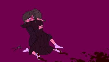 Rule 34 | 2girls, aged down, black dress, blood, blood on feet, bloody weapon, blush, brown hair, check spoilers, crying, crying with eyes open, danganronpa (series), dress, dual persona, footprints, fukawa toko, genocider sho, glasses, green eyes, hamuseutta, highres, hug, implied murder, long sleeves, multiple girls, nervous sweating, nose blush, on one knee, pleated dress, pool of blood, purple background, scissors, simple background, snot, socks, spoilers, sweat, tears, weapon, white socks, wide-eyed, wide shot