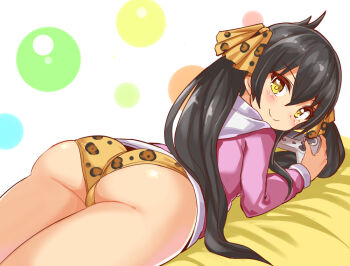 1girl animal_print ass black_hair blush cameltoe controller cougar_(cougar1404) from_behind game_controller gyaru hair_ribbon hood hood_down hoodie huge_ass idolmaster idolmaster_cinderella_girls leopard_print loli long_hair looking_at_viewer looking_back lying matoba_risa on_stomach original panties ponytail print_panties ribbon shiny_skin smile solo the_pose underwear very_long_hair wedgie