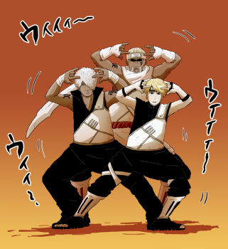 Rule 34 | 3boys, blonde hair, c (naruto), dark skin, darui, fingerless gloves, forehead protector, glasses, gloves, hair over one eye, killer bee, male focus, multiple boys, naruto (series), naruto shippuuden, short hair, standing, white hair, ynz-123009
