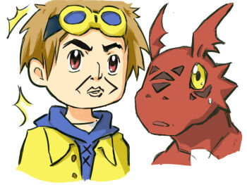 1boy digimon digimon_(creature) digital_hazard guilmon matsuda_takato meme what why