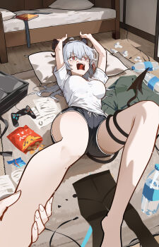 1girl 1other absurdres alternate_costume black_horns black_shorts black_tail breasts chips_(food) commentary contemporary controller demon_tail dolphin_shorts dragging food game_controller grey_hair highres holding horns indoors large_breasts long_hair open_mouth pantyhose pillow plastic_bottle potato_chips pov red_eyes ryeon_(naturesan) shirt shorts solo_focus tail tail_around_own_leg teeth textless_version unworn_pantyhose upper_teeth_only white_shirt wuthering_waves zani_(wuthering_waves)