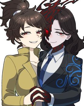 2girls black_jacket black_skin brown_hair closed_mouth collarbone collared_shirt colored_skin distortion_(project_moon) dual_persona elena_(project_moon) highres jacket lapels library_of_ruina long_hair multiple_girls notched_lapels ponytail project_moon red_eyes shirt simple_background smile white_background white_shirt yagidon yellow_jacket