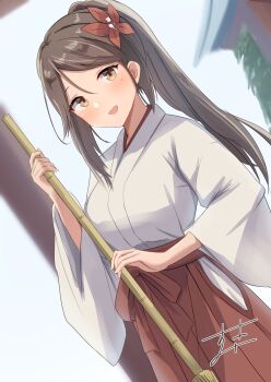 Rule 34 | 1girl, absurdres, alternate costume, amagi (kancolle), broom, brown eyes, brown hair, commentary request, flower, hair flower, hair ornament, hakama, highres, japanese clothes, kantai collection, long hair, miko, mole, mole under eye, partial commentary, ponytail, solo, sukimizaki