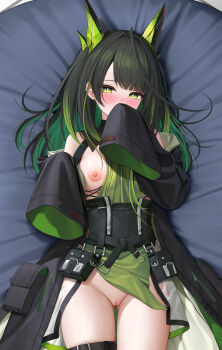1girl absurdres ahoge arknights bare_shoulders bed_sheet black_coat black_hair blush bottomless breasts breasts_out coat colored_inner_hair corset covering_own_mouth dakimakura_(medium) dress embarrassed from_above gluteal_fold green_dress green_eyes green_hair highres horns keine09 long_hair long_sleeves looking_at_viewer lying medium_breasts mon3tr_(arknights) multicolored_hair nipples on_back on_bed open_clothes open_coat pussy sleeves_past_fingers sleeves_past_wrists solo thigh_strap two-tone_hair uncensored