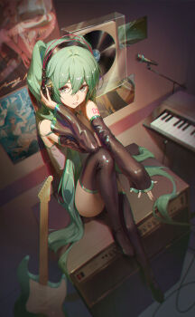 1girl absurdres alohayuja arm_tattoo boots collared_shirt green_eyes green_hair green_trim grey_shirt guitar hair_between_eyes hair_ornament hatsune_miku headset highres instrument long_hair looking_at_viewer microphone microphone_stand number_tattoo parted_lips piano shirt sitting sleeveless sleeveless_shirt sleeves_past_wrists solo tattoo thigh_boots twintails very_long_hair vocaloid