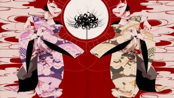 2boys alternate_costume asahina_hiroshi back-to-back black_eyes black_flower black_hair bright_pupils brothers closed_mouth floral_print flower fox_mask full_body grey_pants holding holding_string japanese_clothes kimono layered_sleeves light_frown long_sleeves looking_at_viewer lower_teeth_only male_focus mask mask_on_head matsuno_ichimatsu matsuno_jyushimatsu multiple_boys nail_polish ofuda ofuda_on_clothes one_eye_covered open_mouth osomatsu-san osomatsu_(series) pants purple_kimono purple_nails red_background red_flower shirt short_hair siblings spider_lily standing string string_of_fate teeth white_mask white_pupils white_shirt wide_sleeves xiangyun yellow_kimono