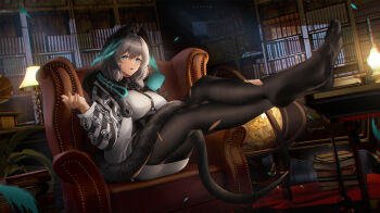 1girl aqua_eyes arknights between_breasts black_pantyhose breasts coat crossed_legs dress fangs feathered_wings feet foot_focus grey_hair hair_between_eyes hand_up head_wings highres ho&#039;olheyak_(arknights) indoors infection_monitor_(arknights) library ling_dianxia long_sleeves long_tail looking_at_viewer medium_hair no_shoes open_clothes open_coat pantyhose parted_lips pencil_dress sitting snake_tail solo strap_between_breasts tail torn_clothes torn_pantyhose white_coat white_dress wings