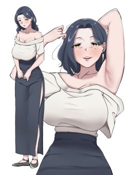 1girl absurdres arm_up armpits bare_shoulders black_shoes black_skirt breasts cleavage earrings highres jewelry large_breasts long_legs long_skirt long_sleeves mature_female mole mole_on_breast multiple_views original ringo6678 sagging_breasts shirt shoes skirt white_background white_shirt yellow_eyes