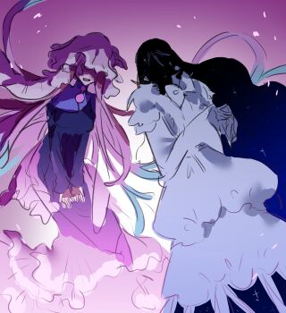 2girls alien_stage black_dress black_hair commentary dobugi221833 dress fusion highres long_hair long_sleeves mizi_(alien_stage) multiple_girls nigeh_(alien_stage) pink_hair pink_veil shine_(alien_stage) sua_(alien_stage) veil very_long_hair white_dress